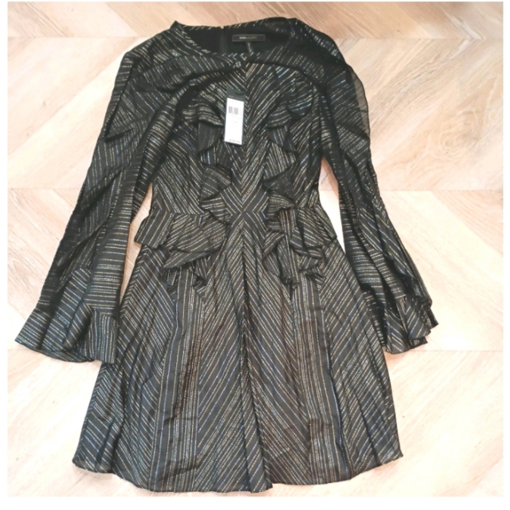 BCBG MAXAZRIA SIZE M Metallic Stripe Ruffle Bell Sleeve Dress NWT MSRP $348 - Picture 2 of 4